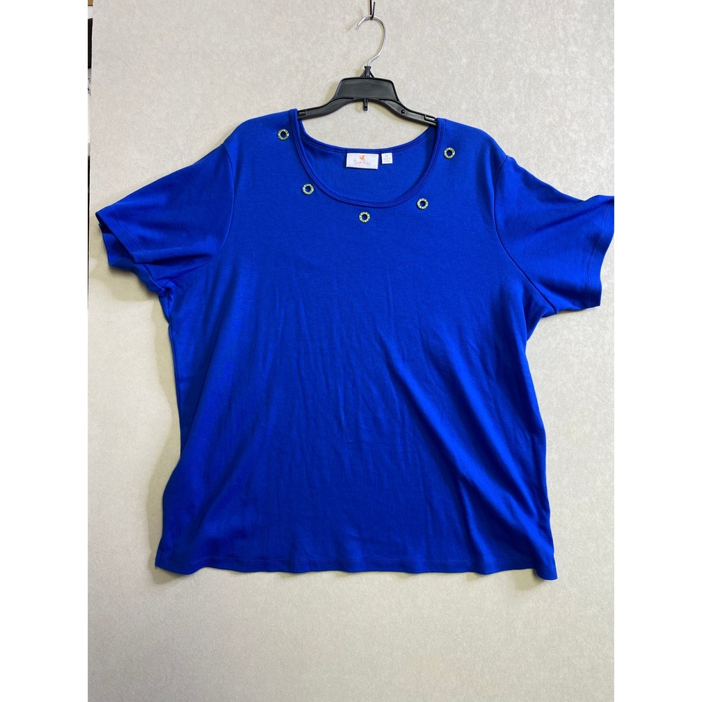 Quacker Factory Royal Blue Rhinestone Grommet Scoop Neck Top 2X Short Sleeve